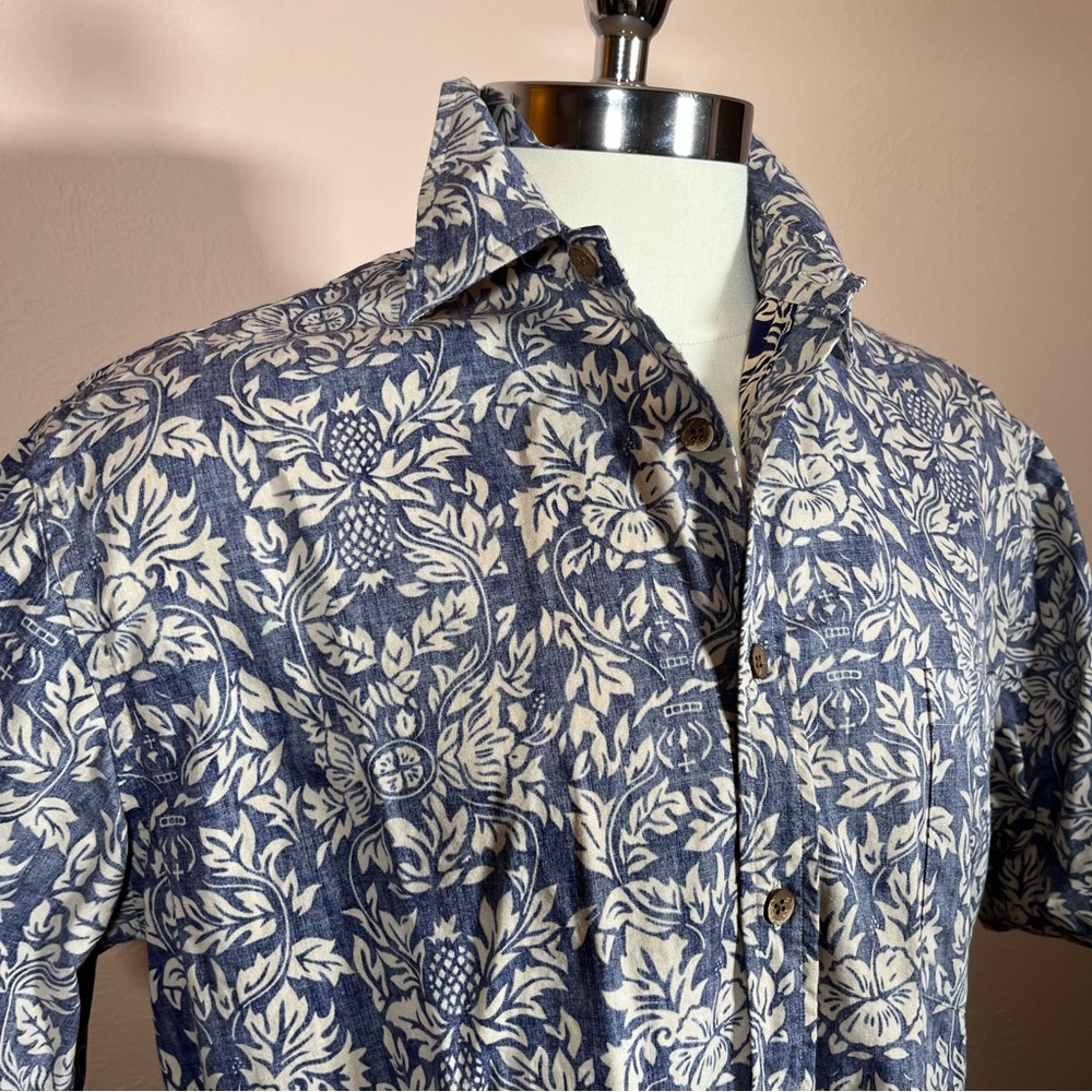 Vintage Hawaiian Blue Pineapple Floral retro Short sleeve Button Down Shirt L